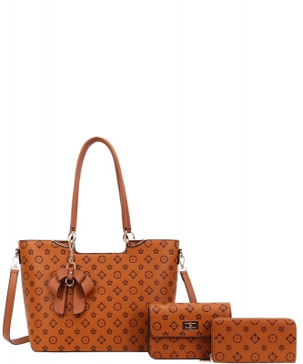 3in1 Designer Flower Tassel Handbag Wallet Set WY-8093S BROWN